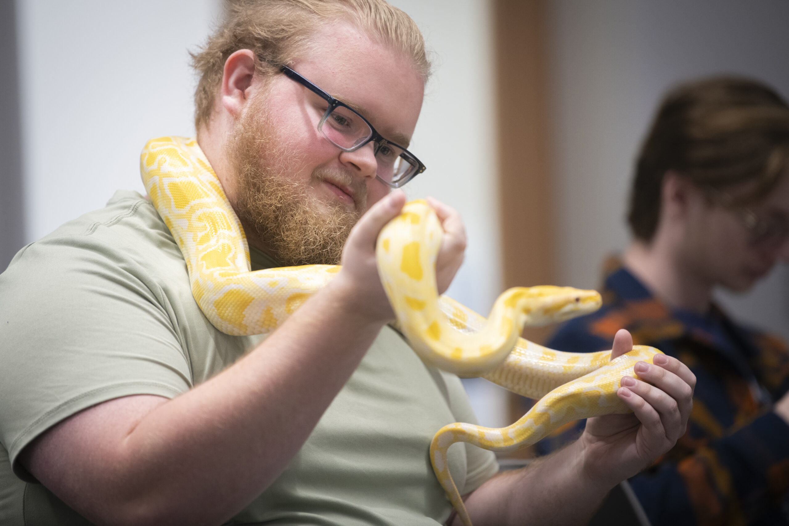 student holds yellow snake