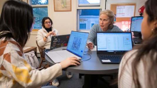 Yelena Ogneva-Himmelberger working with graduate students in her office.