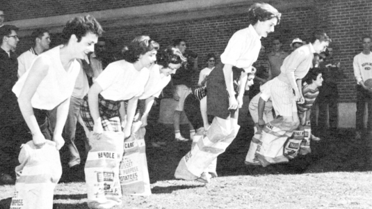 Students in sack race