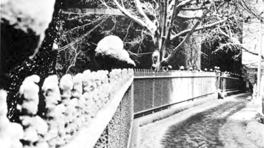 Snow on the Clark campus gate, 1967