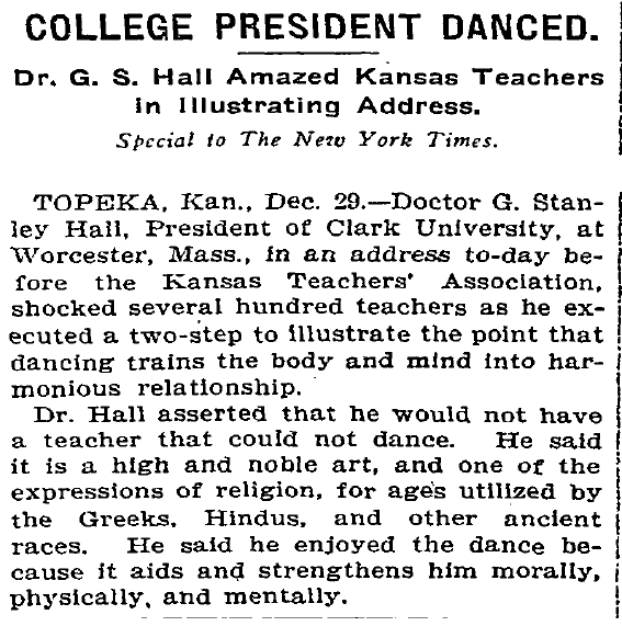 New York Times story December 30, 1904 - "College President Danced"