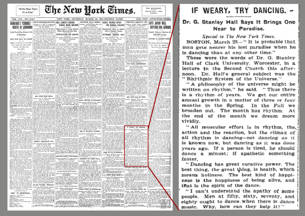 New York Times front page of March 24, 1904, reporting on G. Stanley Hall lecture espousing the power of dancing